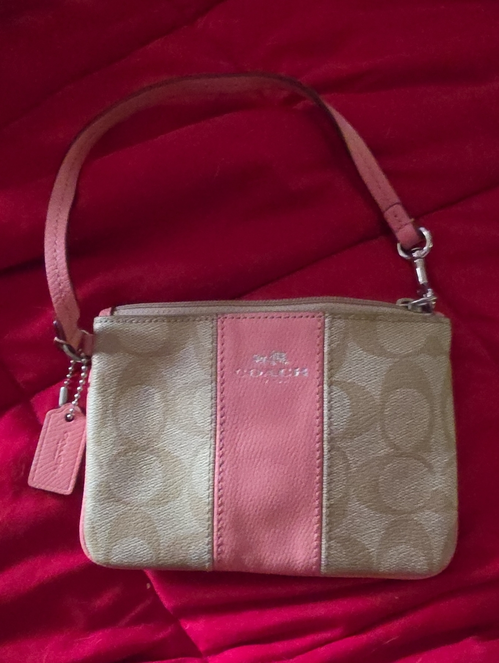Coach Beige Signature Canvas Wristlet with Pink Stripe